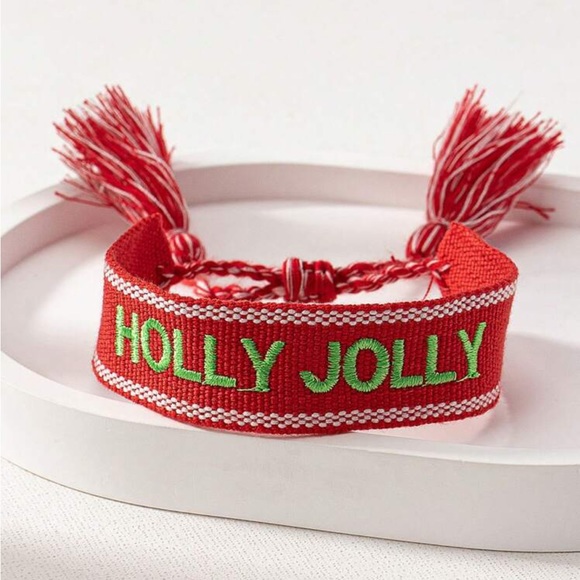 Holly Jolly Embroidered Woven Bracelet in Red - Picture 1 of 3